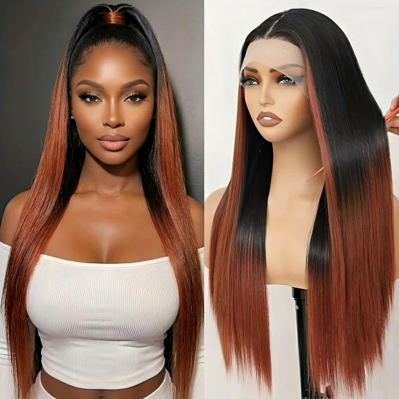 

28 Inch Black To Ginger Ombre Straight 13x4 Lace Front Wig Synthetic Hair Middle Part Silky Long Straight Wig