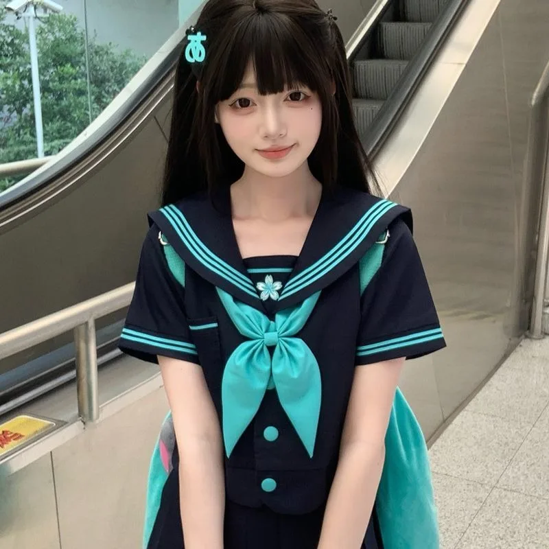 JK 유니폼 선원 복장 정품 일본 대학 스타일 기본 학생 반팔 양복 귀여운 역할 놀이 반팔 여름 청록색