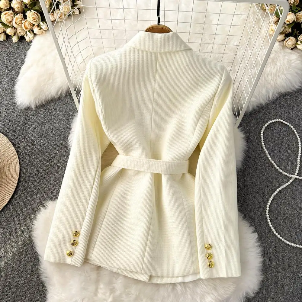 Autumn Winter Blazer Coat Women Suit Jacket Notched Double Breasted Long Sleeve Golden Buttons Pocket Blet Outwear Tops