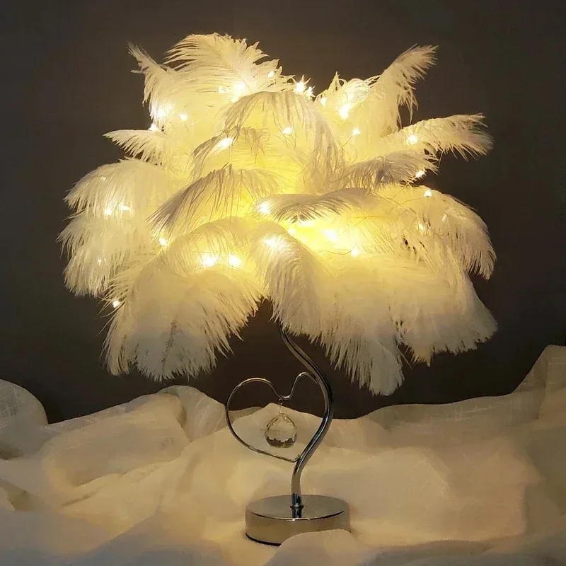2026 Room Decoration Feather Desk Lamp Romantic Bedroom Bedhead Night Light Desktop Luxury Desk Lamps