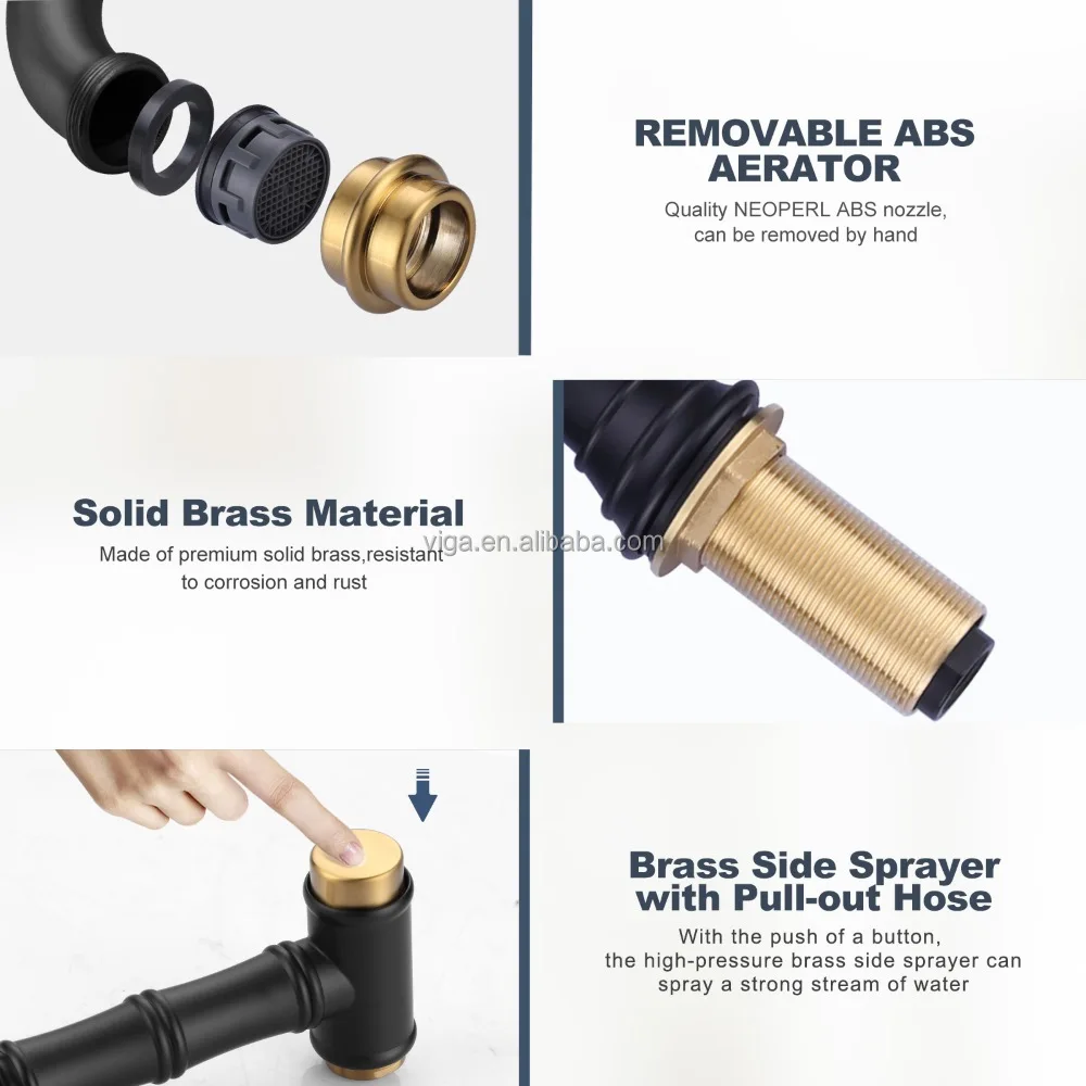 Кухонный смеситель с двумя ручками для фермерского дома, кухонный смеситель с центральной установкой, черный и золотой, латунный мостовой кухонный смеситель с боковым распылителем