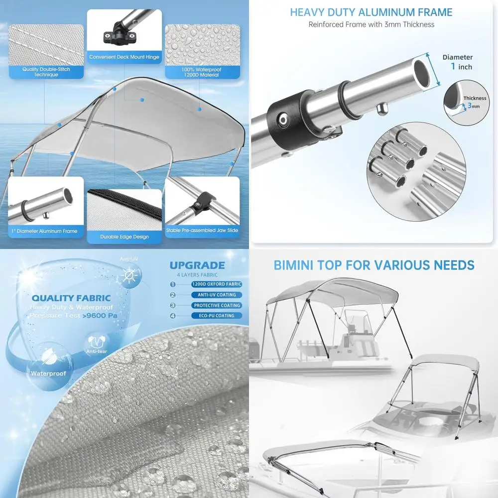 

Gray 1200D Waterproof Bimini Top Cover, 4 Bow, 8' Length, 54 Height, Adjustable Width 91-96, with 2 Poles and Storage Bag