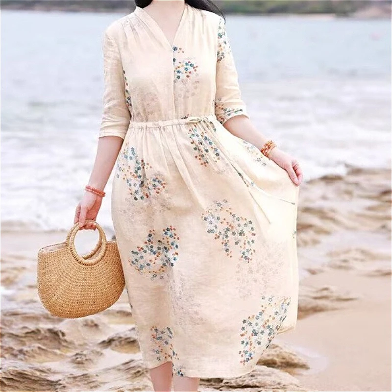 

Long Dress Women Dresses A Line Vestidos Print Floral Y2k Streetwear V Neck Short Sleeve High Waist Elegant Party Night Work