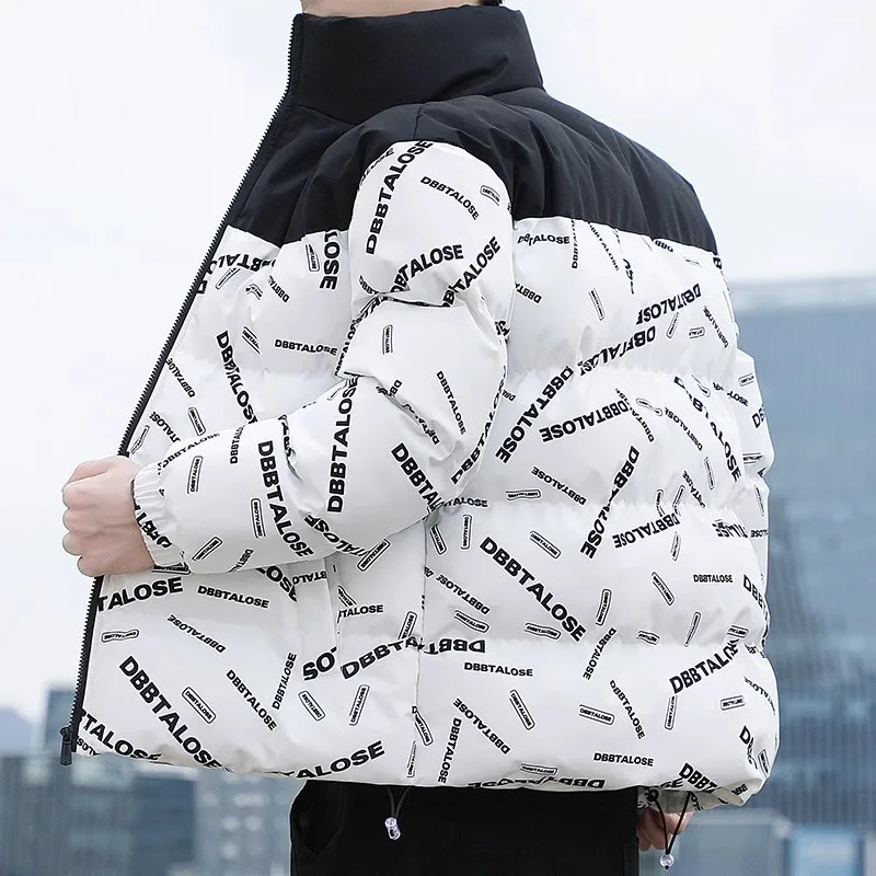 Winter Down and Cotton Jacket Korean Version Fashion Letter Print Design Stand Collar Sports Cotton Coat Casual Men's Clothing