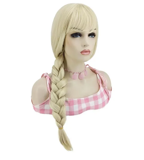 Barbie Movie Blonde Wig for Women Cowgirl Costume with Braids Long Braided Blonde Wig with Bangs for Costume Party