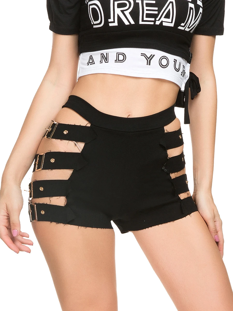 Sexy Women Shorts Black Eyelet Buckle Goth Shorts White Cut Off Hot Pants High Waisted Booty Clubwear Rave Stripper Outfits