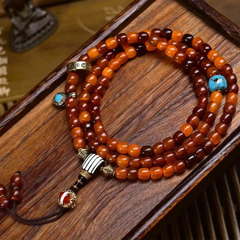 Natural Golden Tortoise Shell 108 Buddhist Prayer Beads Tibetan Style Multi-loop Bracelet with Turquoise and Agate Accesso
