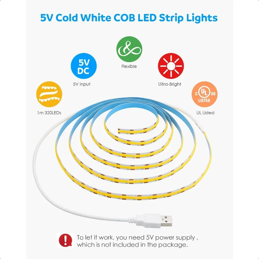 Aclorol USB Led Light Strip COB Led Strip Lights 5V Daylight Cold White 6000K 3.28FT 320Leds Flexible TV Led Lights USB Powered