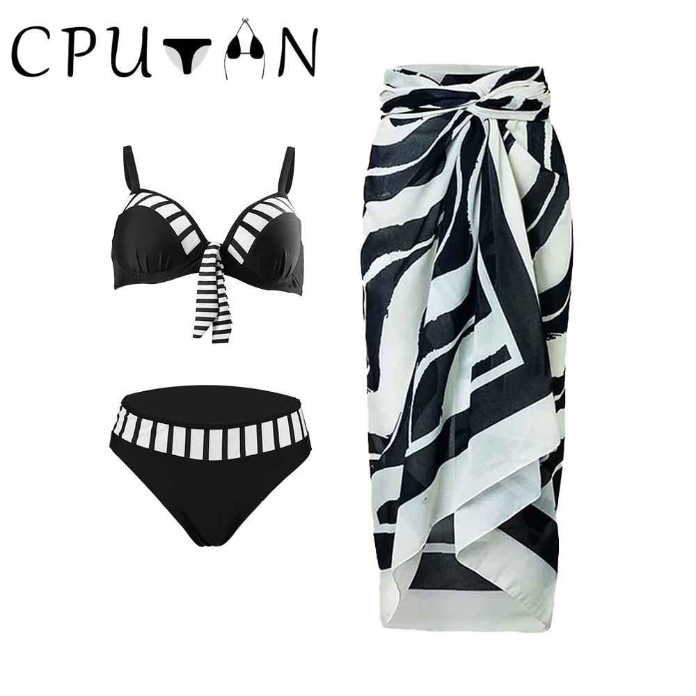 CPUTAN-Bikini Brésilien Push Up pour Femme, Maillot de Bain et Jupe Ronde, Imprimé Solide, Vêtement de Plage, 2024