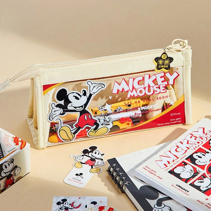 Disney Mickey Mouse Pencil Case Cartoon Transparent Large Capacity Pen Bag Anime Cute Student School Stationery Storage Bag Gift