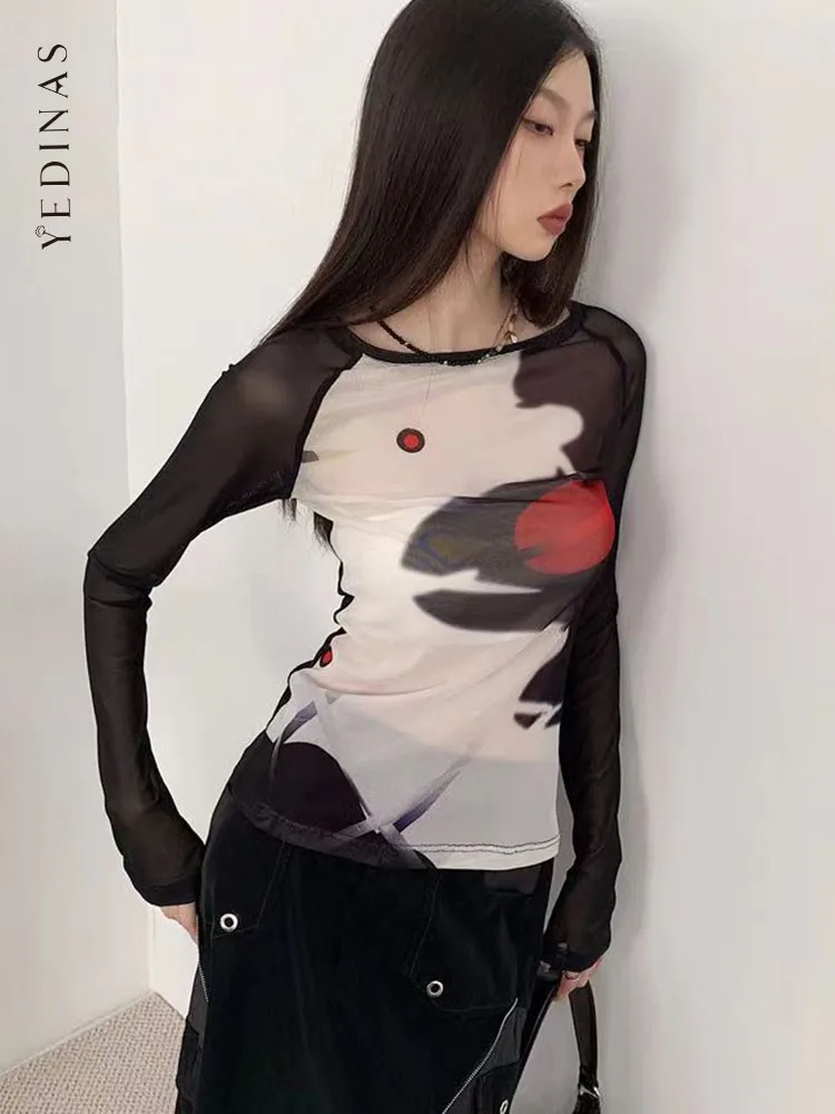 Yedinas Patchwork See Through Mesh Tops Spring Summer T Shirt Women Long Sleeve Y2k Streetwear Design Tee Shirt Femme Chic 2023