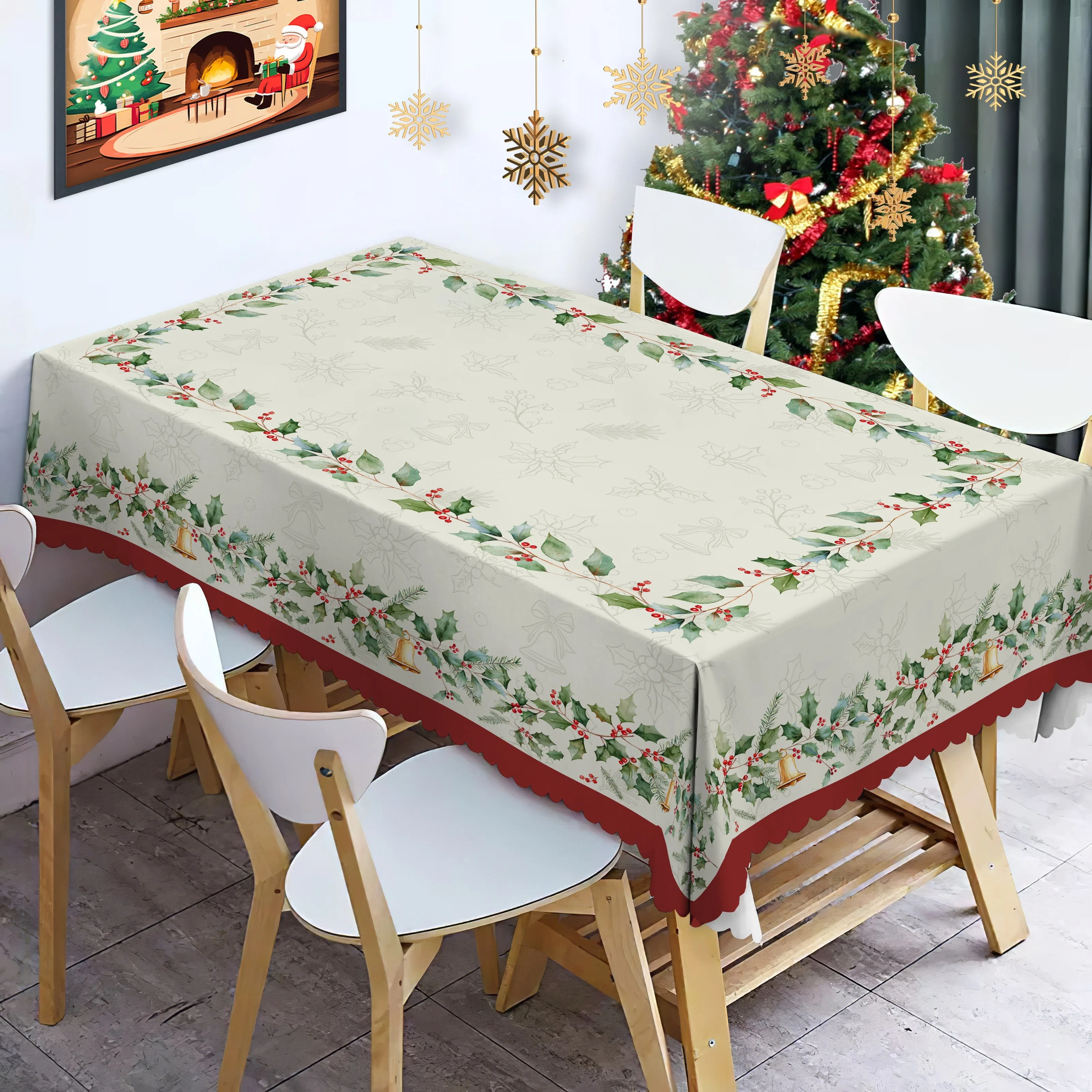 Merry Christmas Holly Berries Waterproof Tablecloth for Table Decor Winter Xmas Kitchen Dining Table Coth Christmas Decorations