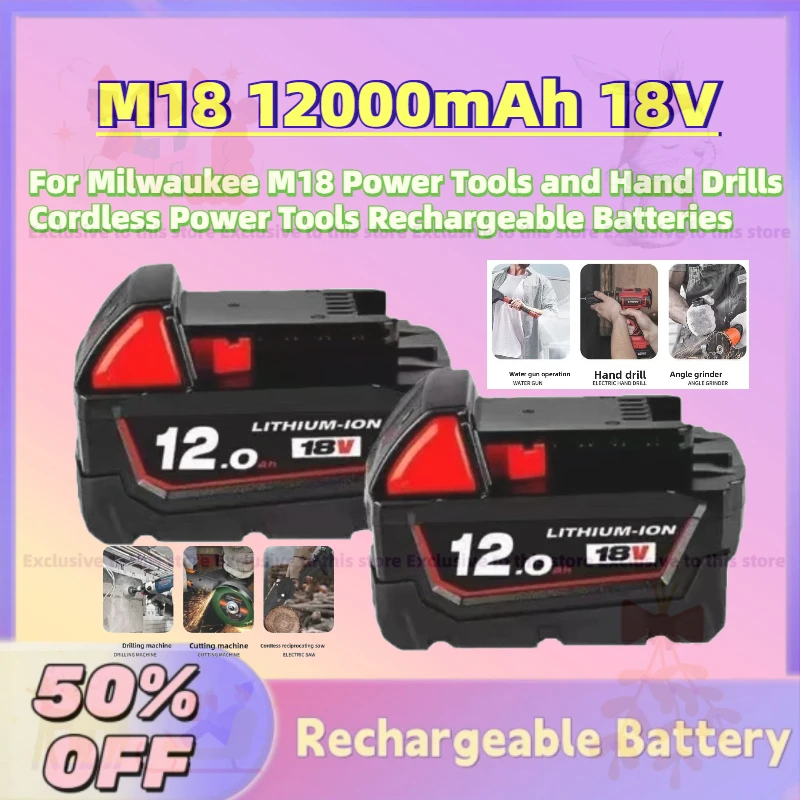 High-Quality M18 12000mAh 18V Battery for Milwaukee M18 Power Tools and Hand Drills Cordless Power Tools Rechargeable Batteries