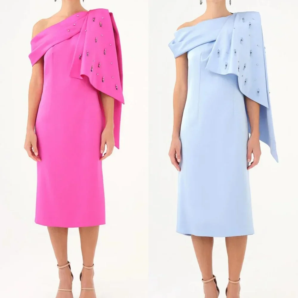 Customized Jersey Rhinestone Pleat Homecoming A-line One-shoulder Bespoke Occasion Gown Midi Dresses