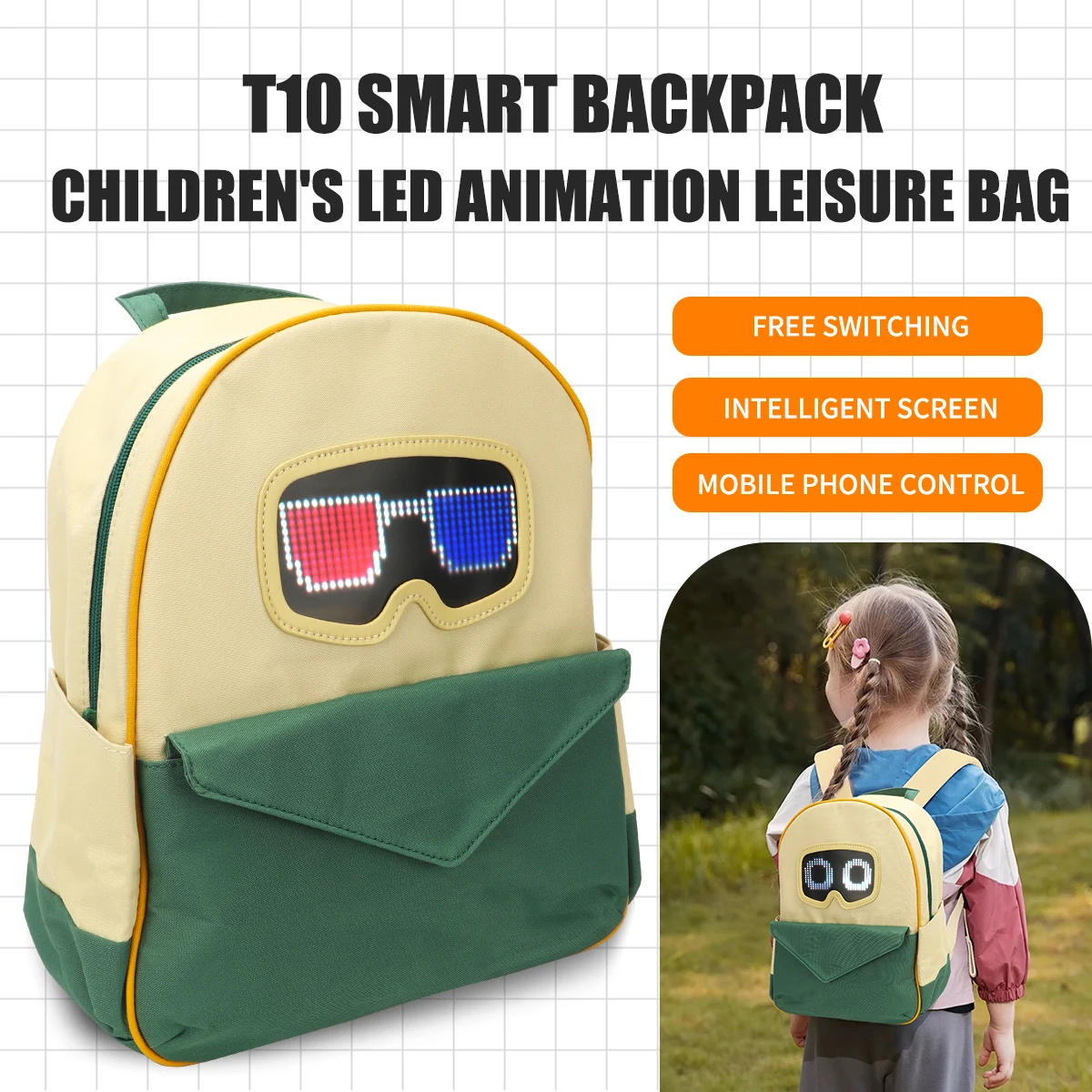

ATV Storage Kid's Backpack LED Screen Display Glowing Eyes APP Control Advertising DIY Pattern Schoolbag Holiday Gift Travel Bag