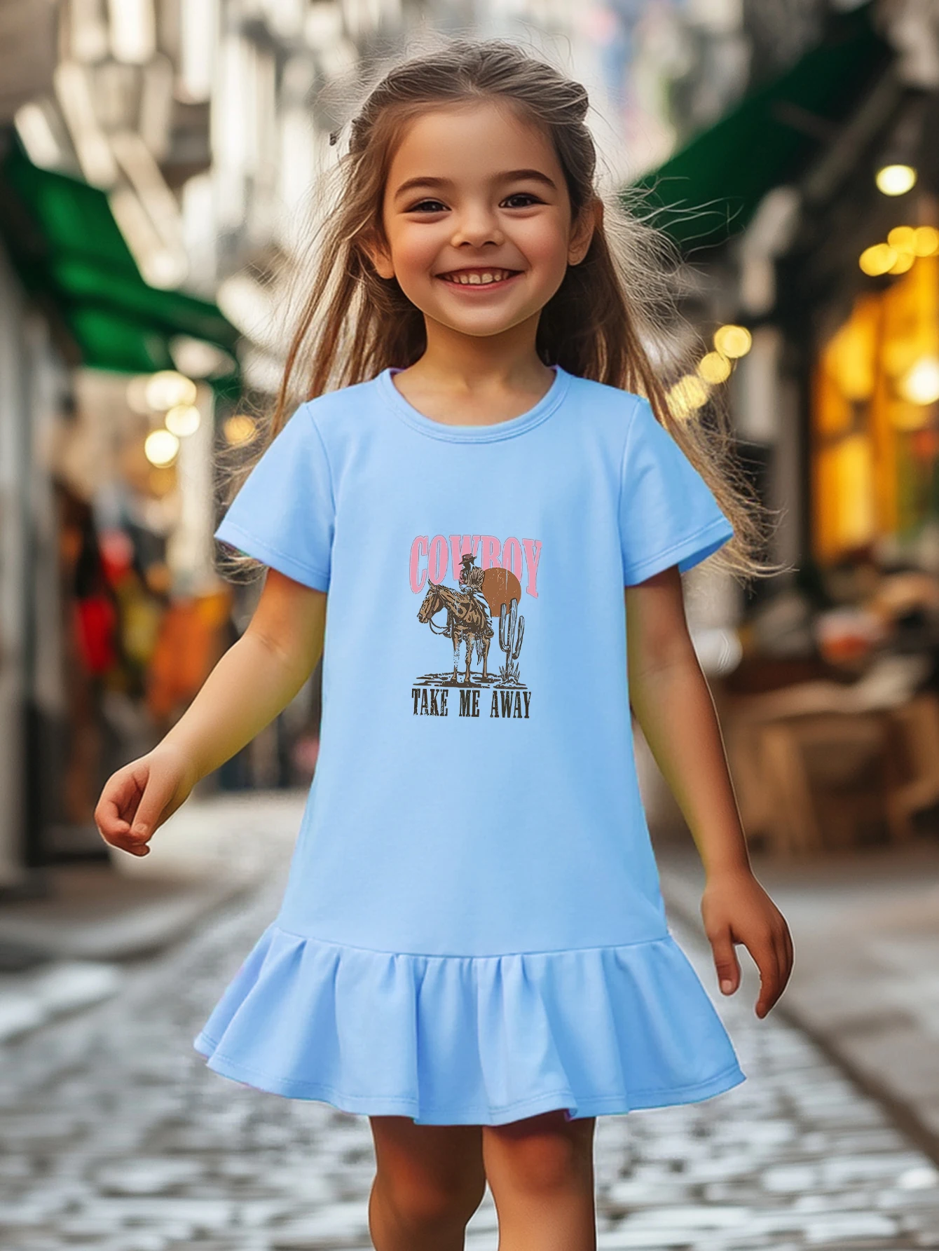 

Girl's summer casual dress with cactus and rider print design, vibrant ruffled hem skirt, soft and breathable, comfortable