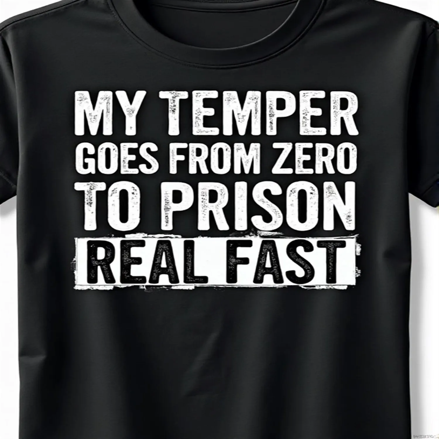 1pc Black T-Shirt with My Temper Goes from Zero to Prison Real Fast Humorous Print - Soft Knit Fabric, Regular Fit Crew Neck Short Sleeve Tee for Adults, All-Season Casual Wear, Machine Washable, Unisex tshirt, Graphic tshirt
