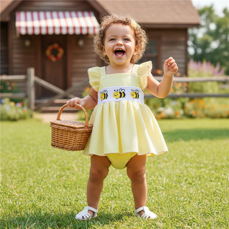 Macacão infantil para meninas recém-nascidas, vestido bordado de abelha, manga voadora, roupas fofas de verão