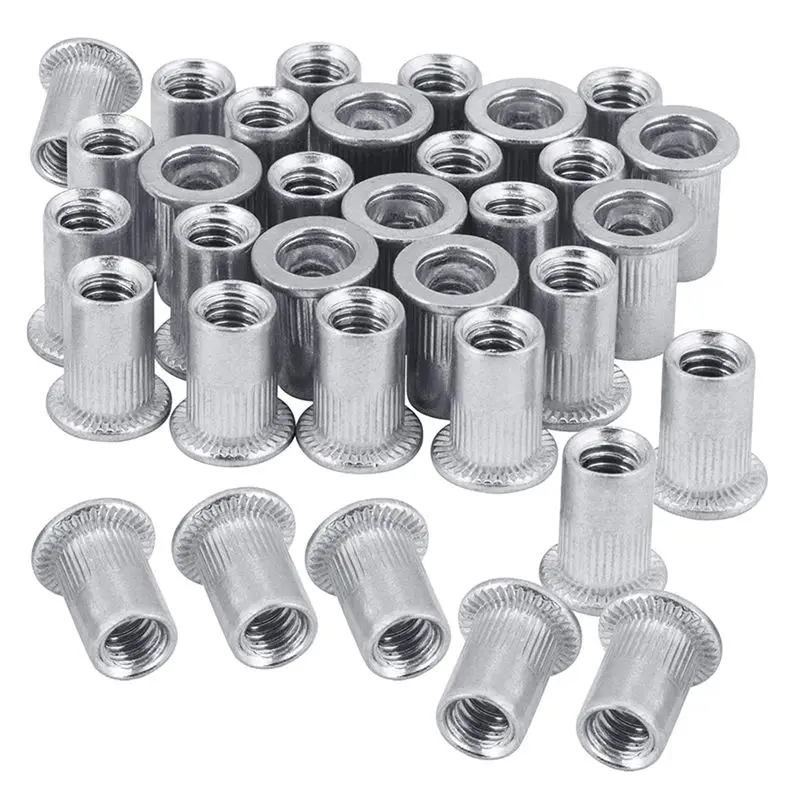 A76I-Nut 100Pcs 1/4In-20UNC Stainless Steel 304 Finish Flat Head Rivnut Threaded Insert Nut Knurled Body Vertical Rivets Nut