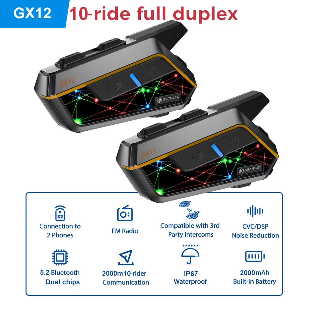Gx12 10 Rijders Groep Mesh Motorfiets Intercom 2Km Motorfiets Bluetooth Communicatie Motorfiets Fm Radio Muziek Delen