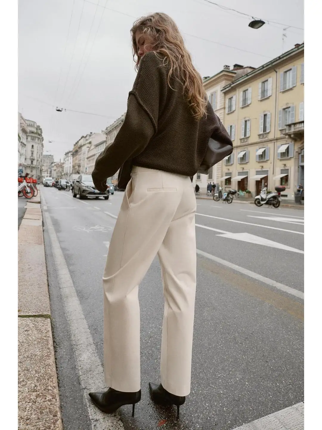 블루 스트랩 장식이 있는 캐주얼 하이웨이스트 플리츠 팬츠 다용도 가을 겨울 출퇴근 패션 여성 바지