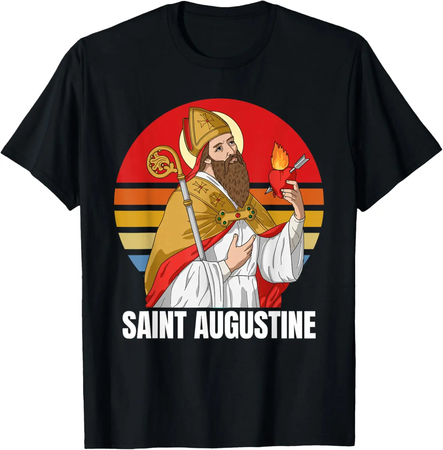 

Saint Augustine Graphic Tee Retro Sunset Bishop Holding Sacred Heart Christian Gift T-Shirt