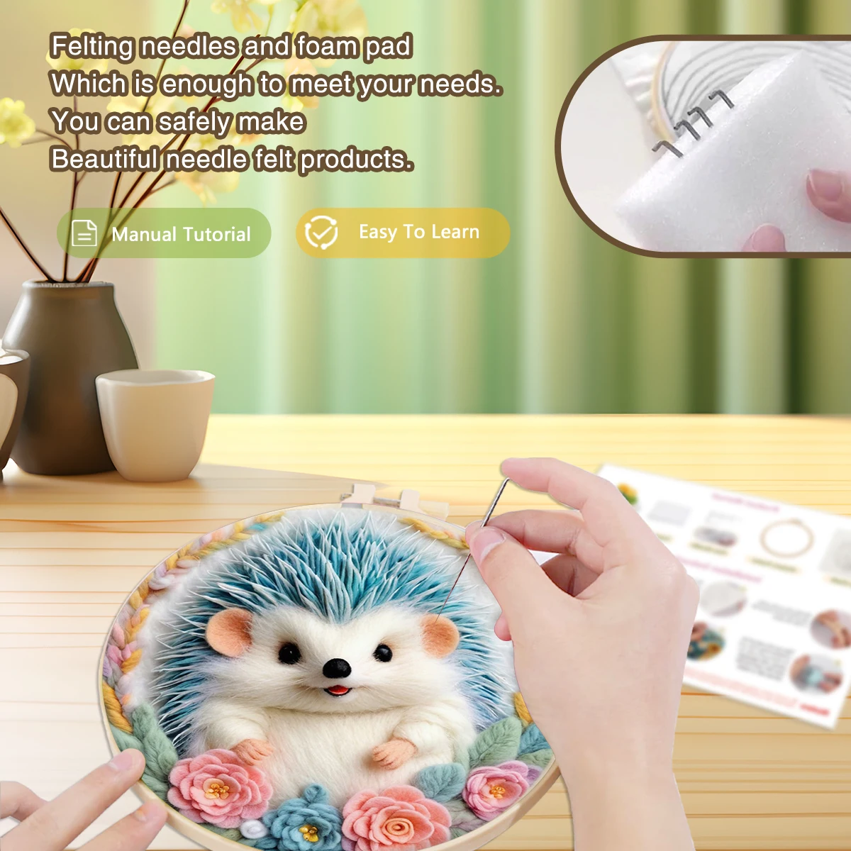 Pintura de fieltro de lana DIY con bordado, marco creativo de Koala de erizo, Kit de imagen de fieltro de aguja de lana DIY para decoración del hogar