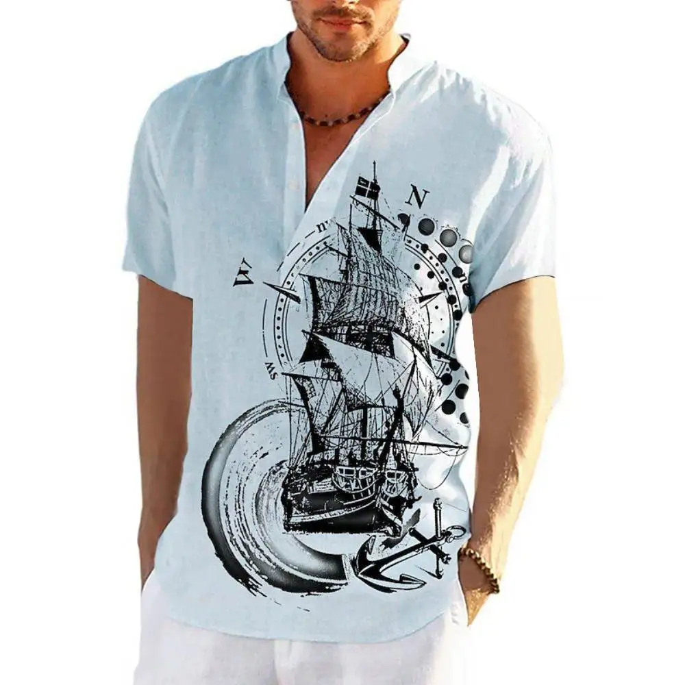 Men's Summer Henley Shirt Short Sleeve 3D Compass Graphic CleanFit  Neck PU Leather Thickened Fleece Inner  for All...