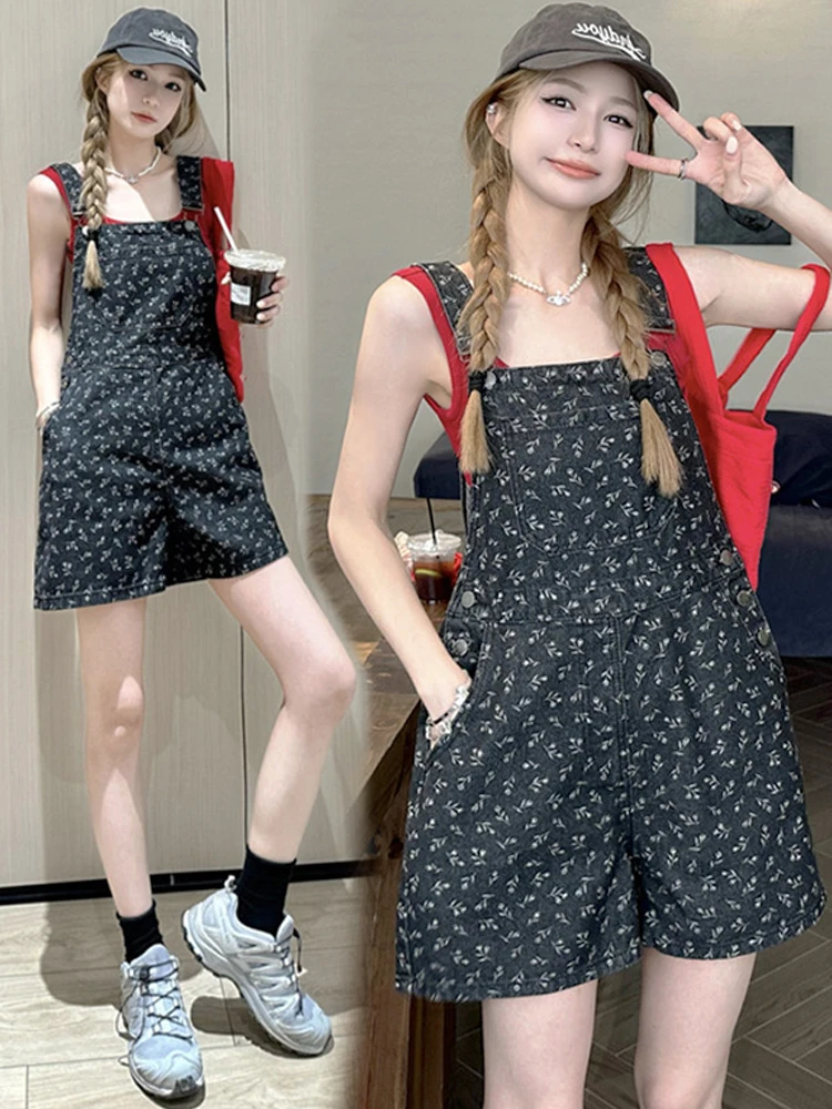 

Cute Sweet Denim Overalls Women's Summer New Large Size Loose Korean Sle Floral Rer orts Wide Leg Pants