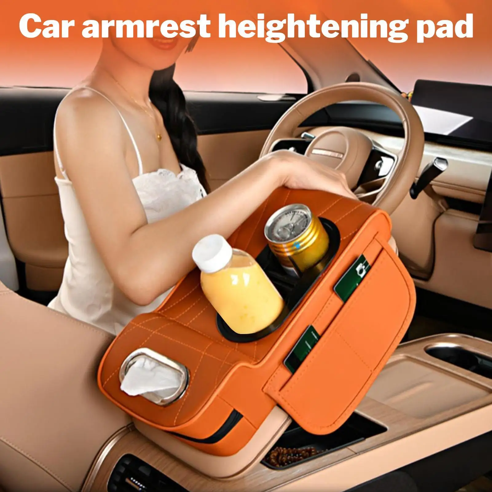 

Car Armrest Cover Car Armrest Box Heightening Pad with Side Storage Bag with Tissue Box 2 Cup Holder for Women Driver Automotive