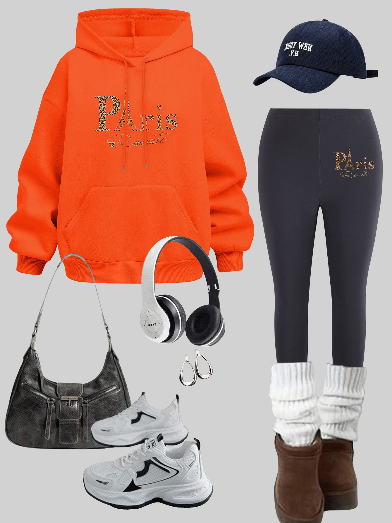 Paris Romantic Tower Prints Women Pullovers Y2K Fleece Pocket Hoodies Set Casual Thicken Pants Sets Woman Warm Soft leggings