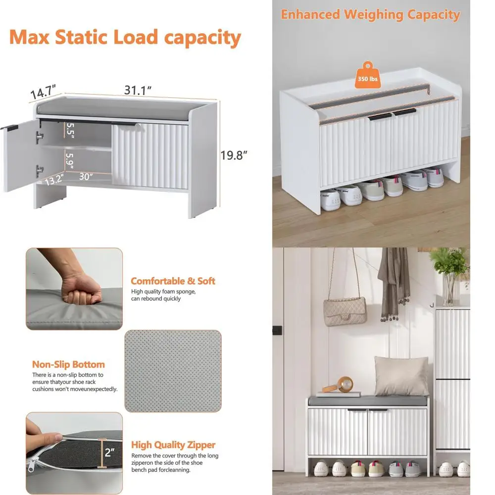 

Белая мягкая скамейка для хранения в прихожей с регулируемой полкой для обуви, подходит для гостиной и спальни