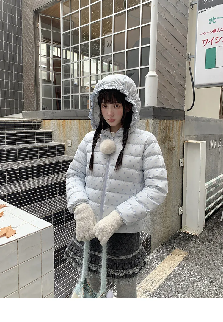 Korean Cropped Polka Dot Hooded Cotton-padded Jacket Women Zip Up Casual Winter Warm Outerwear Woman Sweet Cute Puffer Jackets