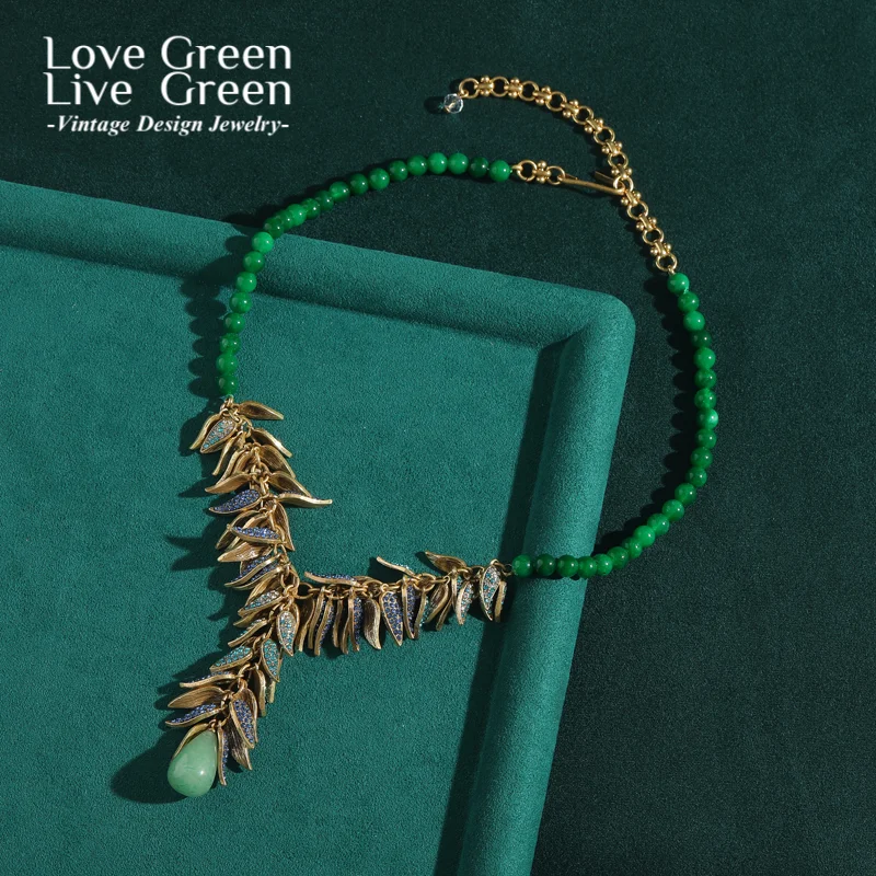 Vintage Green Jade Beaded Pendants And Necklaces Rhinestone Leaf Sautoir For Woman Luxury High Quality Gold Color Wedding 2025