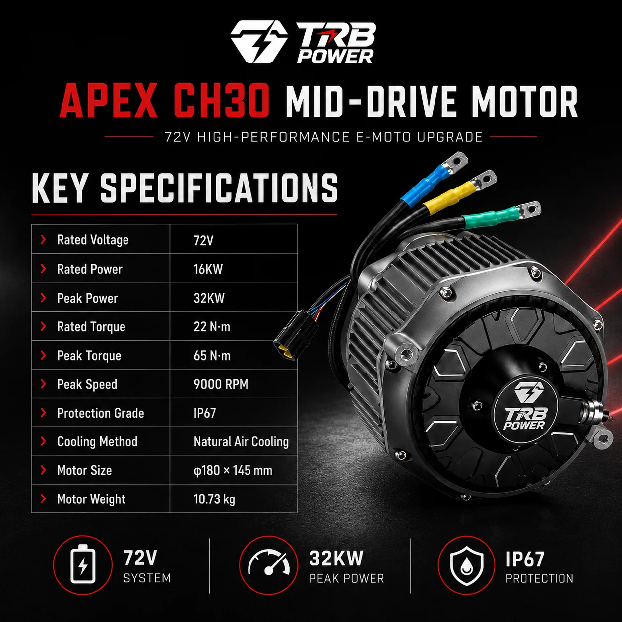 TRB APEX Motor 72V 32KW E-Moto Mid-Drive Motor Electric Motorcycle Upgrade Kit for High-Speed Dirt and Off-Road Bikes