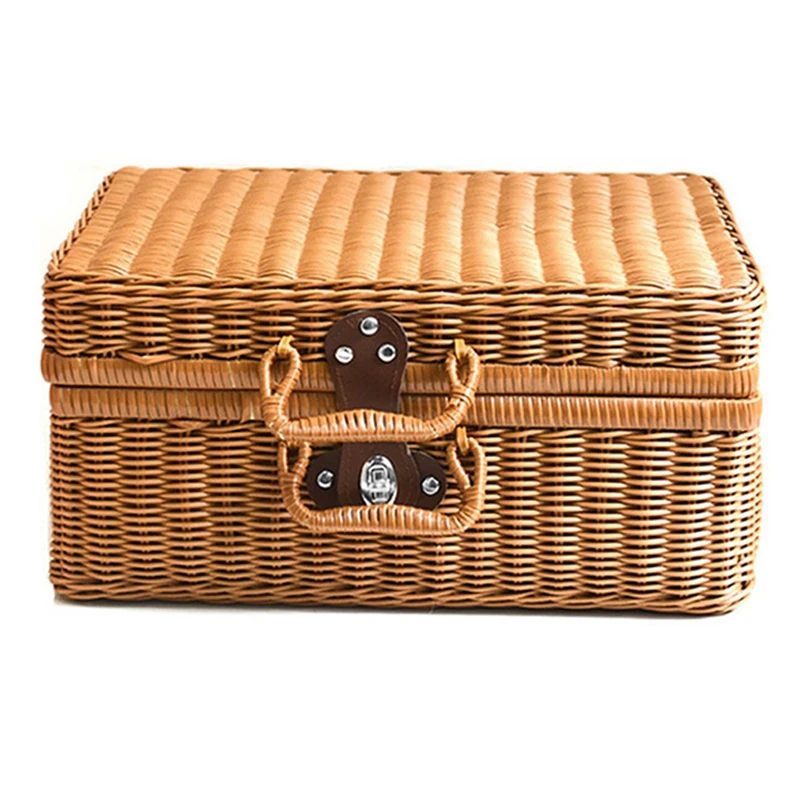 Retro Imitation Rattan Picnic Basket Woven Suitcase Hand Woven Photography Props Home Decoration Storage