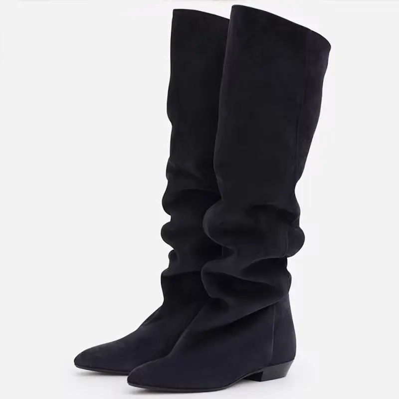 Yozcttaa Size 34-43 Women Ankle Boots Ruched Real Leather Vintage Chunky Heels Shoes Winter 2025 Knee High Booties Casual Office