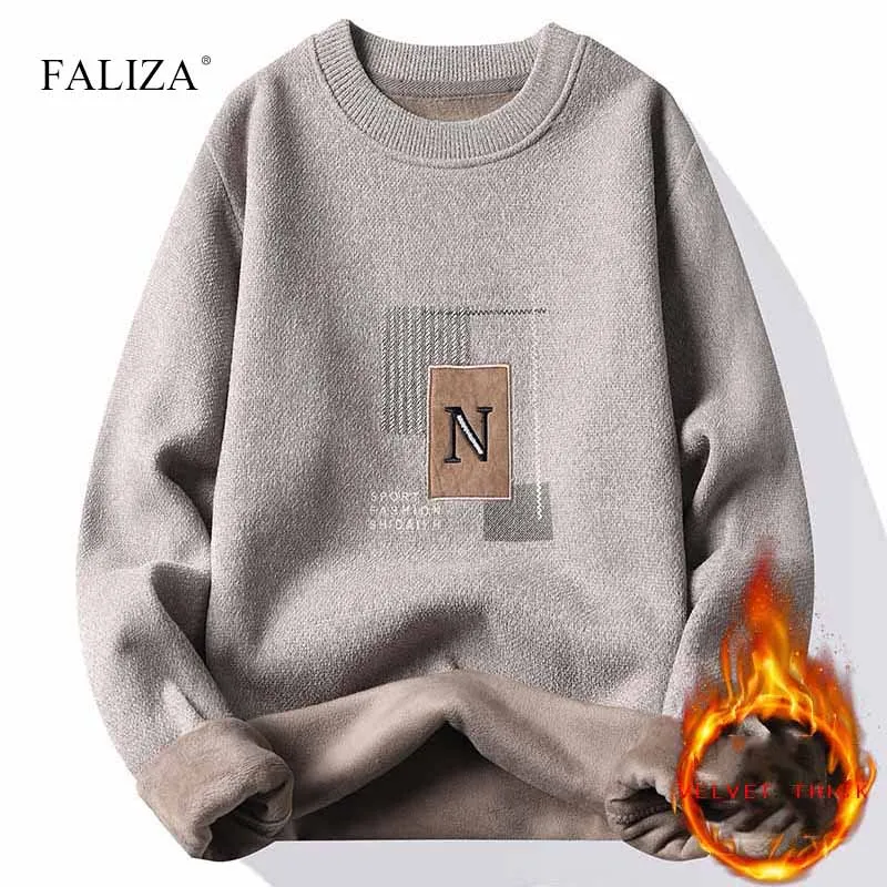 FALIZA Winter Mens Pullovers Sweaters Crew Neck Embroidered Knit Thick Warm High Quality Comfortable Couple Knit Sweater Jumper