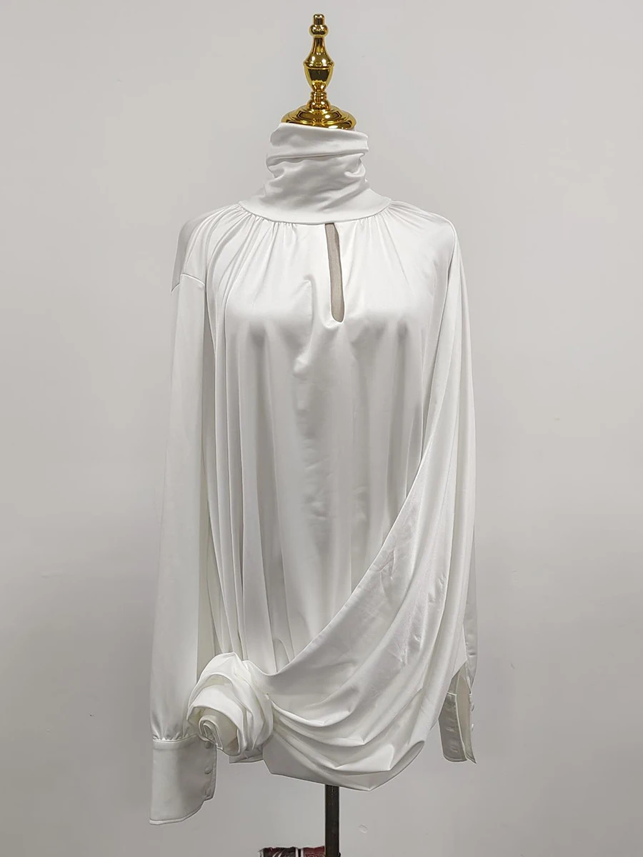 TWOTWINSTYLE Luźne sukienki mini z kwiatami 3D dla kobiet, z wysokim dekoltem, długimi rękawami, ażurowe, patchworkowe, z zakładkami.