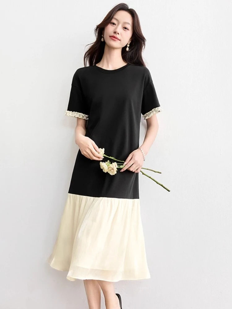 Sentubila Color-Block Dress Woman 2025 Summer New Casual Black Beige Loose Fit O-neck Knitted Dress Edible Tree Fungus 152LN1751