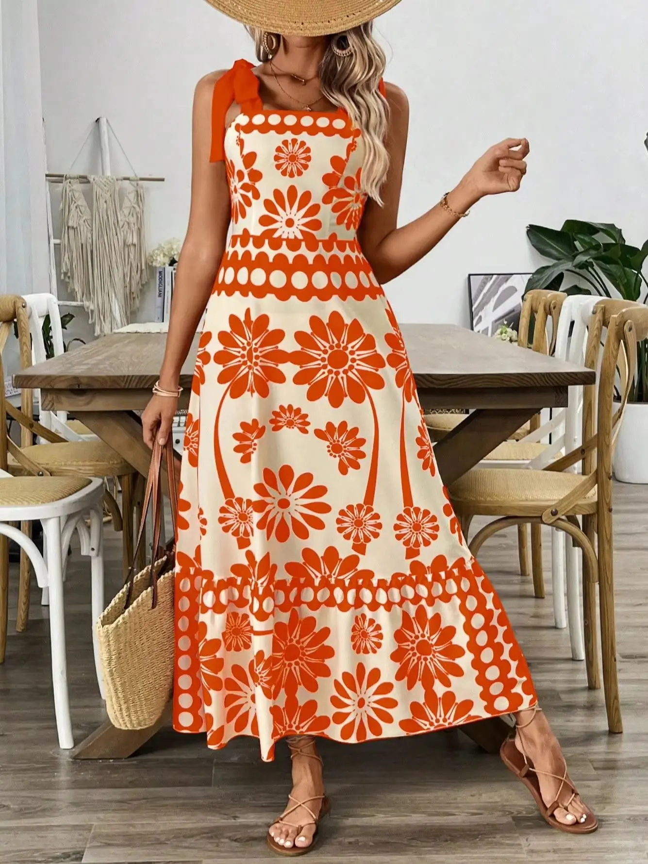 Damen-Maxikleid in Orange mit Blumenmuster, Schleife an der Schulter, quadratischem Ausschnitt, gerafftem Oberteil, A-Linie, fließend, für Sommerurlaub und Strand – Detail 1