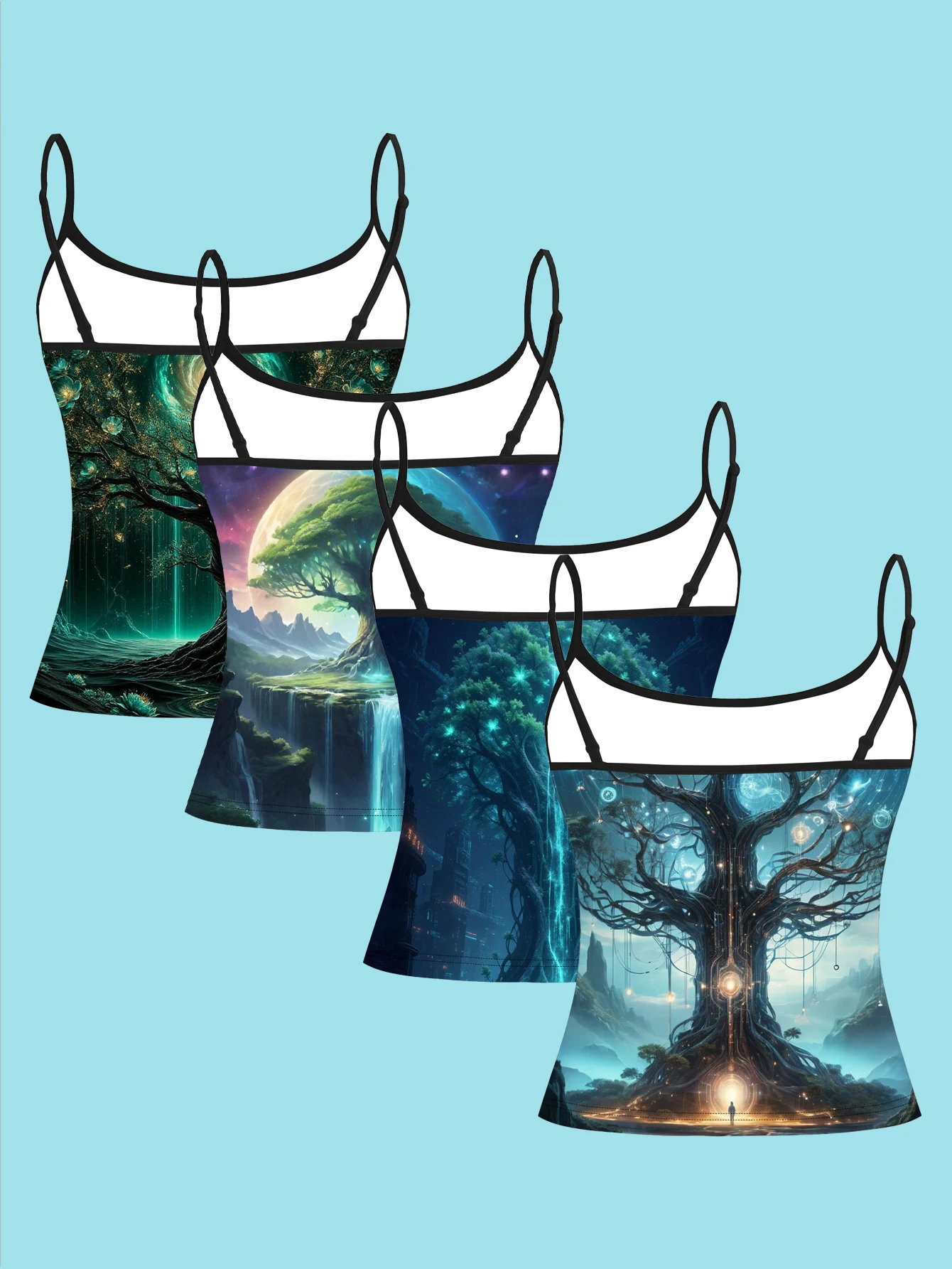 4-Piece Set of Blue Fantasy Tree Camisole Set, Galaxy Waterfall Ancient Tree Landscape Women's Slim-Fit Base Tank Top