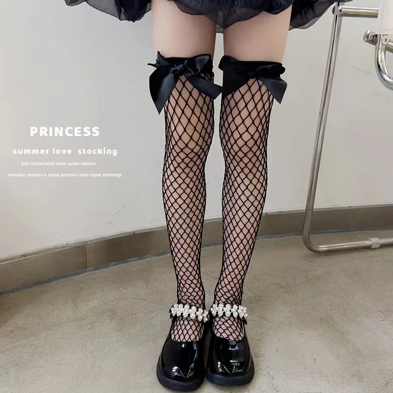 Lolita JK Style Girls Fishnet Mesh High Socks Delicate Bow Decor Breathable Elastic Long Socks for Children Princess Daily Wear
