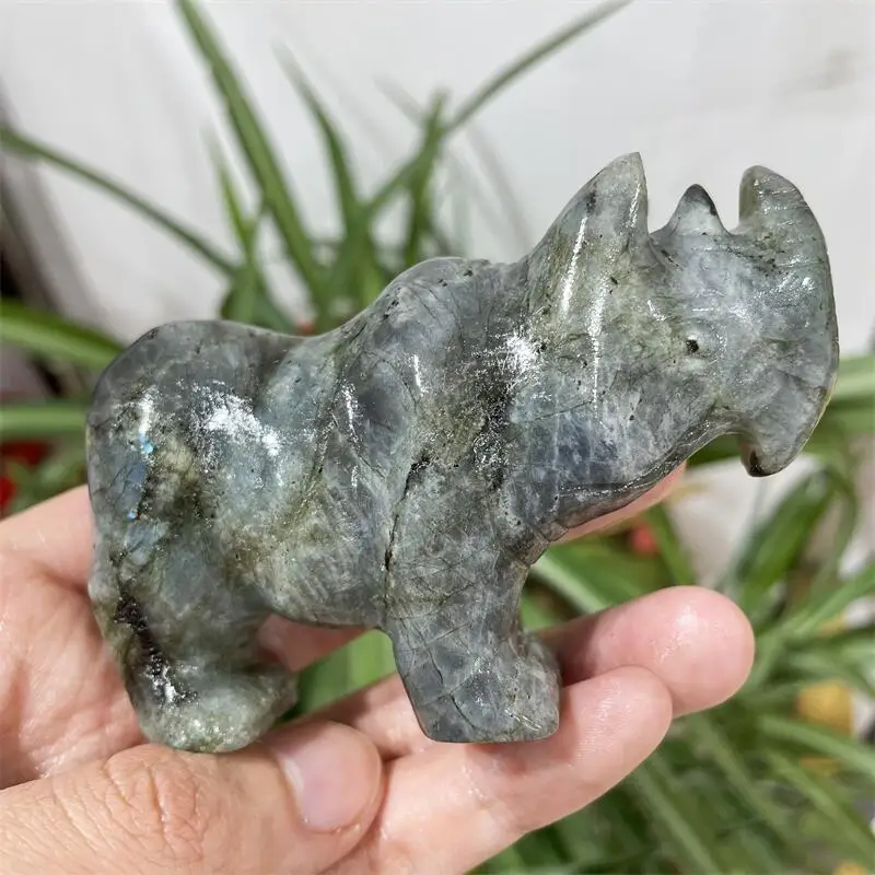 9CM Natural Labradorite Rhinoceros  Crystal Animal Carving Healing Energy Stone Home Decoration Birthday Gift 1pc