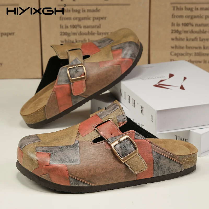 Zapatillas cómodas de cuero de corcho para hombres y mujeres Unisex, zapatos sin cordones, sandalias con punta cerrada, sin espalda, chanclas saludables a la moda