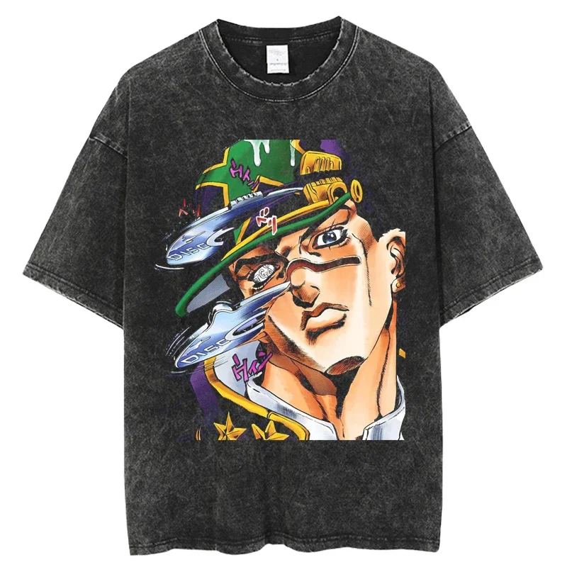 Punk Vintage Washed Tshirts for Men Printing Anime JoJo's Bizarre Adventure Harajuku Oversize Tee Streetwear Summer T-shirt