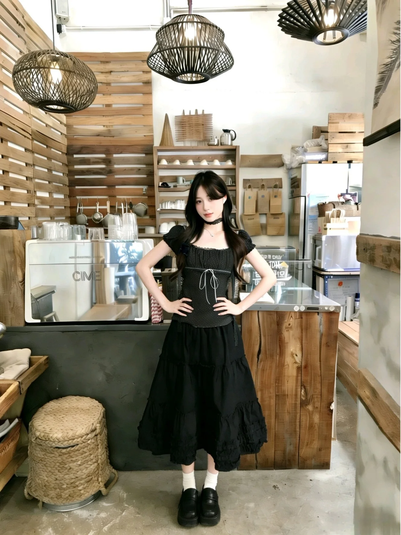 

plus Size Pure Desire Summer New Design Polka Dot Bubble Sleeve T-Shirt A-Line Skirt Set Korean Style Loose Fit High Waist