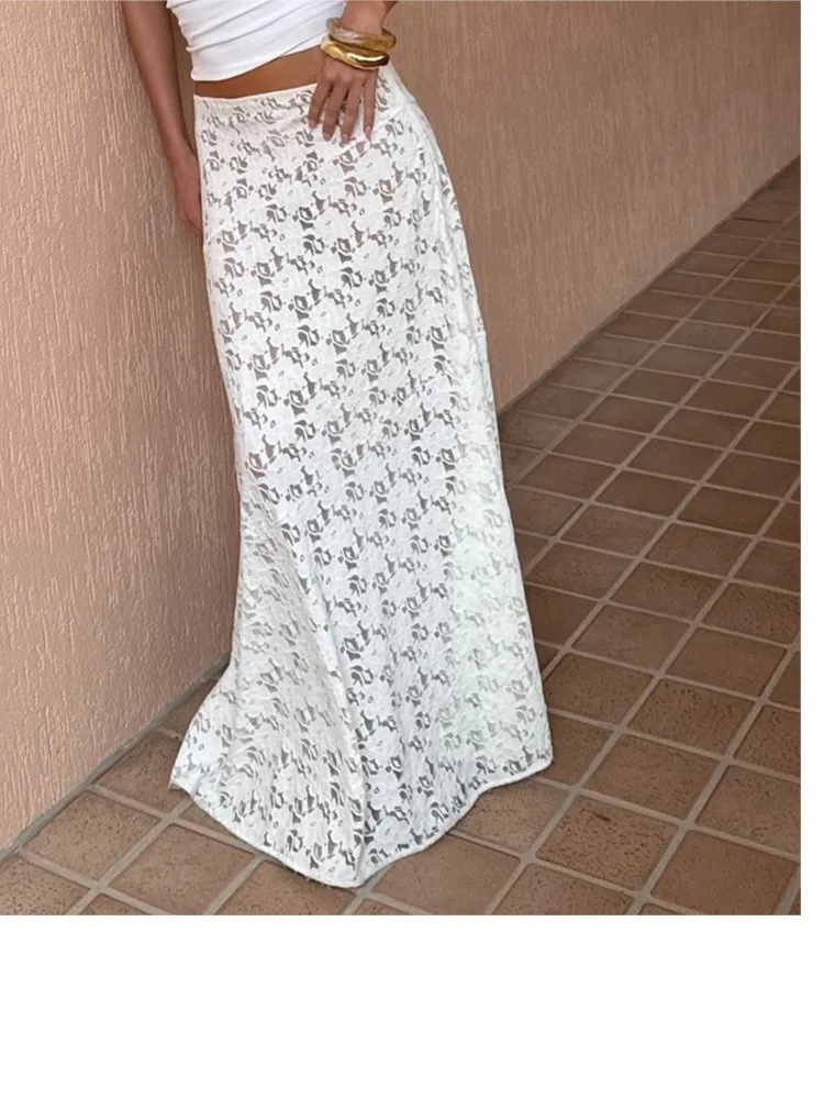 Women's Clothing See-through Low-waist Skirt See Through Lace Hollow Out Solid Color Temperament Simple Style All-match Trendy