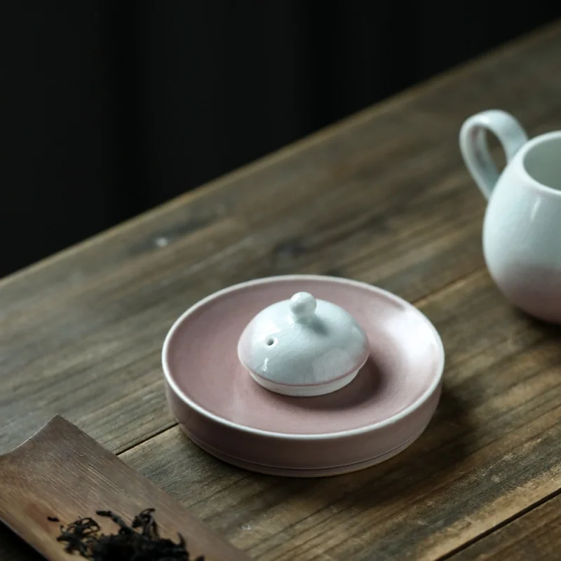 ★Handmade Ceramic Matte Kiln Baked Pink round Cover Study Paper Weight Tea Room Tea Ceremony Utensil Cover Holder Pot Lid Rack