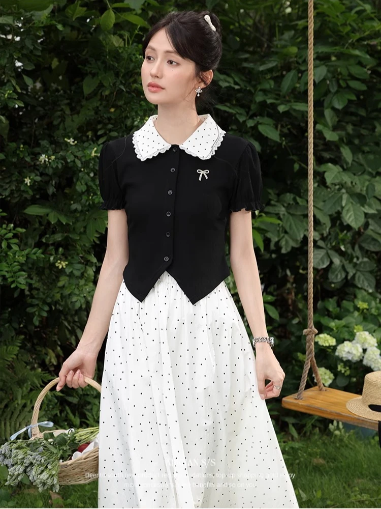 

ALXNAN Plus Size Black T-shirt Elegant Block Color Lace Doll Collar Women's T-shirts 2025 Summer Casual Short Sleeve Tops D11059